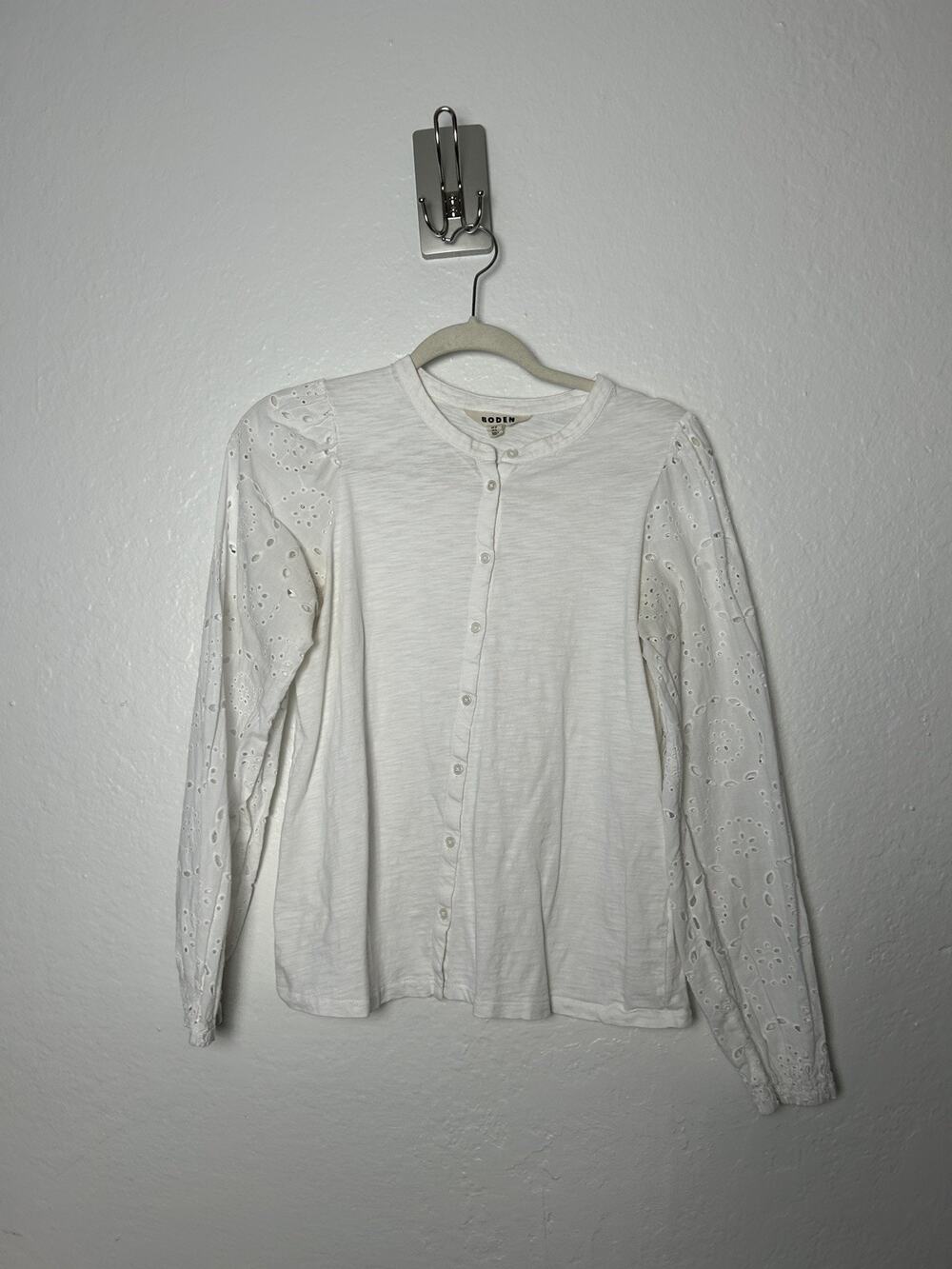 Boden Blouse Women White Eyelet Lace V-Neck Long Sleeve Boho Top size 8